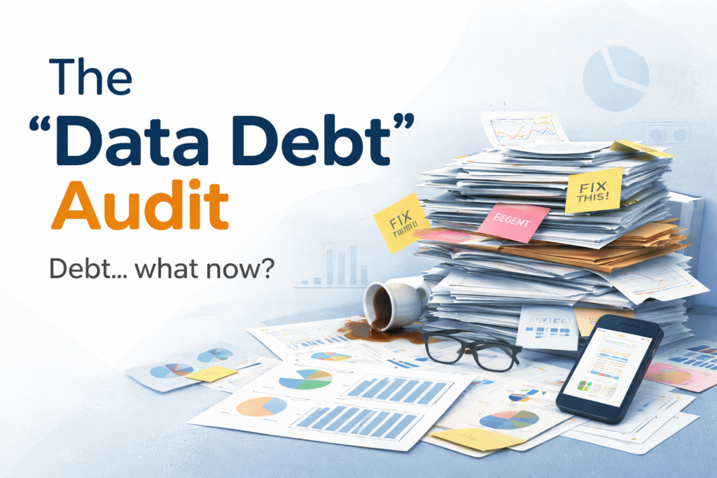 A neatly styled workspace scene showing an oversized stack of paper reports and folders piled on a desk, some marked with sticky notes reading “Fix this.” Scattered around the stack are printed charts, pie graphs, and line graphs, along with a tipped-over coffee cup, glasses, and a smartphone displaying data. The visual suggests information overload and fragmented reporting. On the left side, the title “The ‘Data Debt’ Audit” appears in bold navy and orange text, reinforcing the idea of operational clutter before digital transformation.